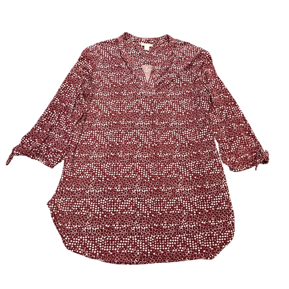 Cato Geometric Circle Print Tunic Top Women's Size M Burgundy White Tie Sleeve